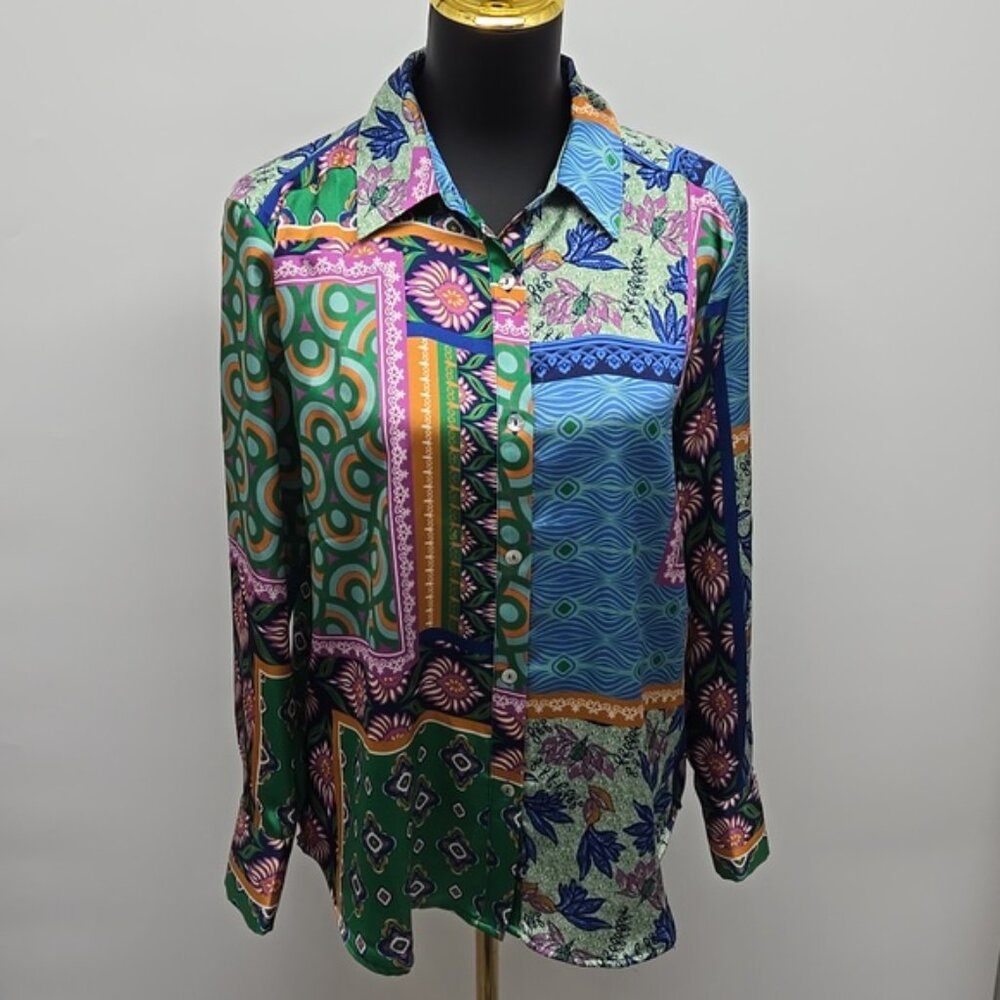 Rachel Zoe Green and Blue Casual Button Down Shirt Button Front Size Medium - Picture 3 of 11